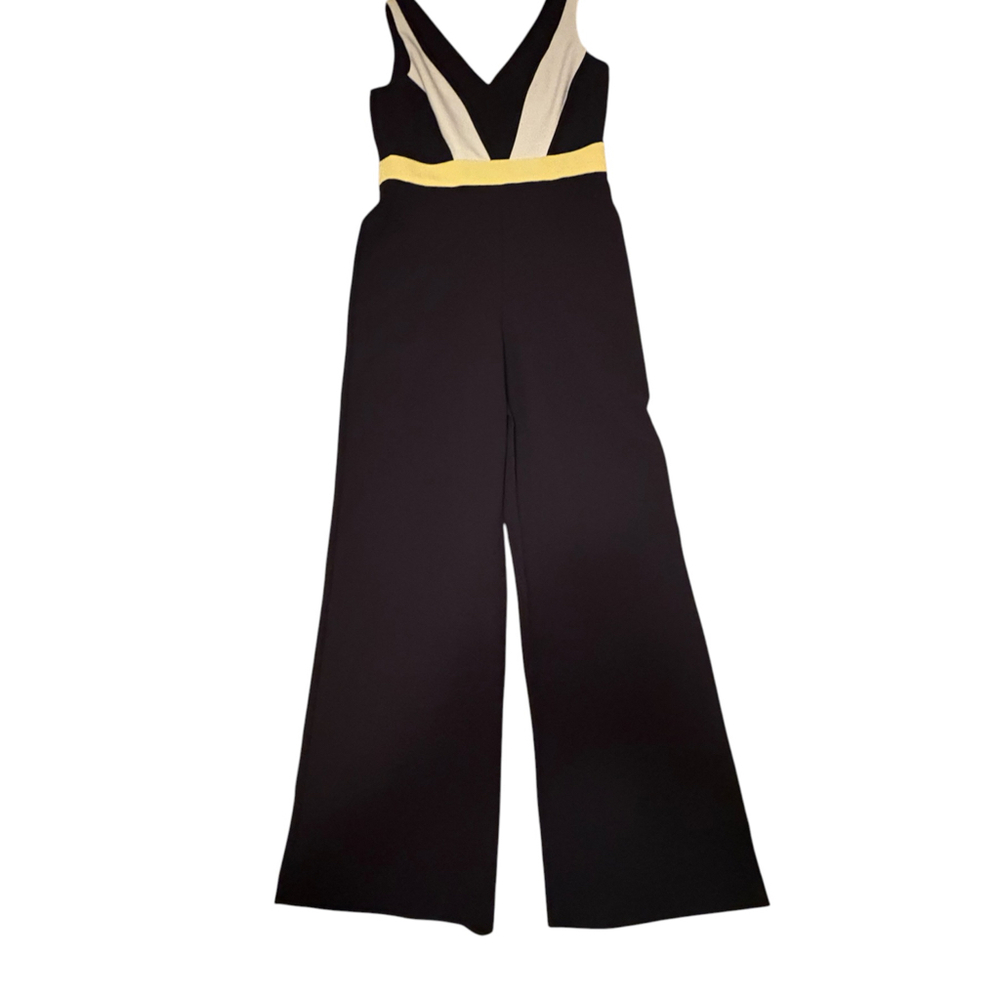 Vince Camuto V-Neck Colorblocked Wide Leg Jumpsuit Black White Yellow Size 8